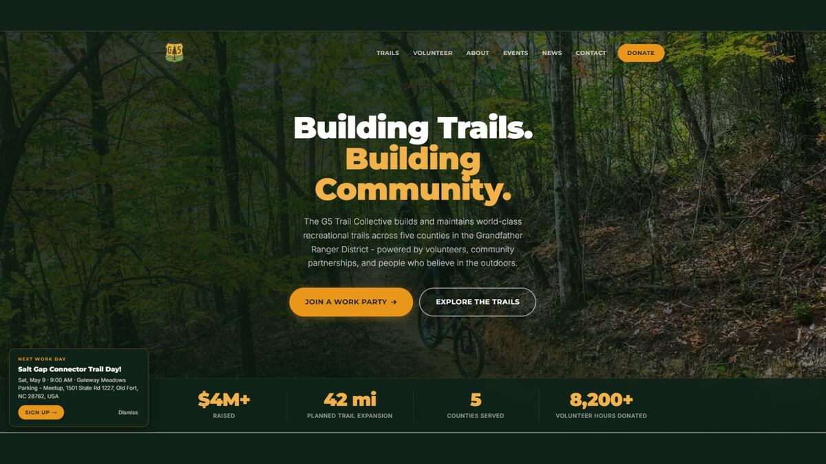 G5 Trail Collective homepage — &lsquo;Building Trails. Building Community.&rsquo; with a forest hero image, upcoming work-day callout, and impact stats