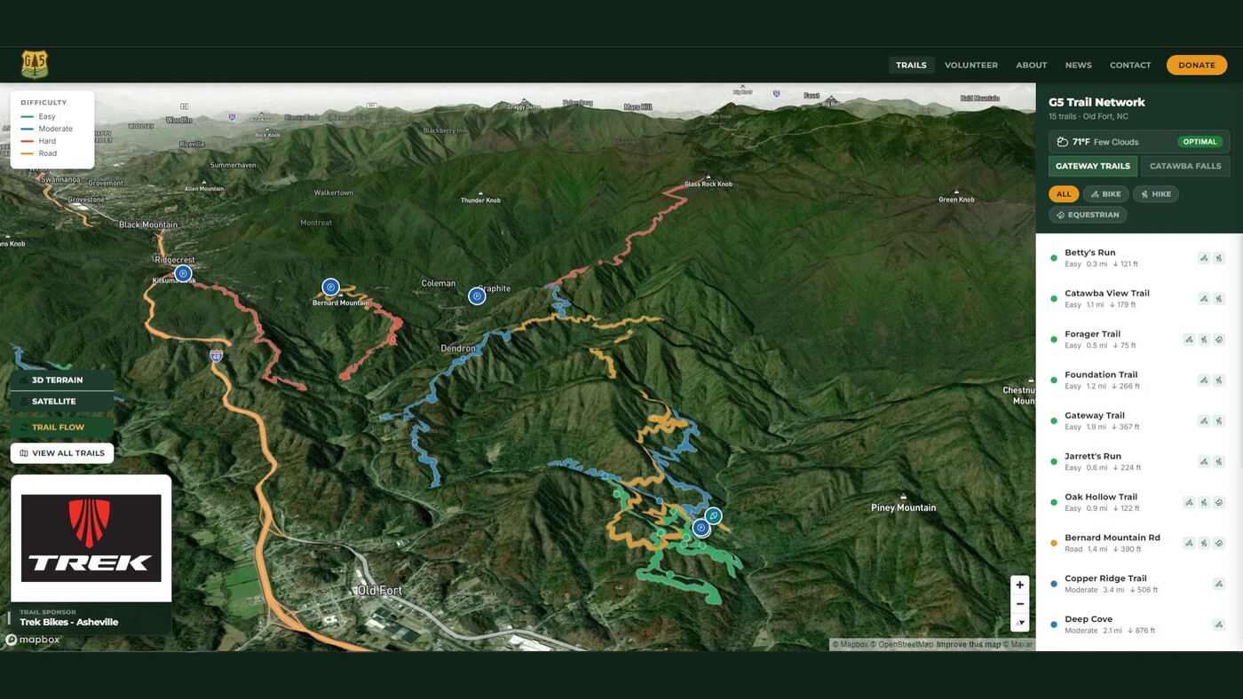 G5 Trail Collective — interactive 3D trail map showing the Old Fort, NC trail network with live weather and Trailforks status